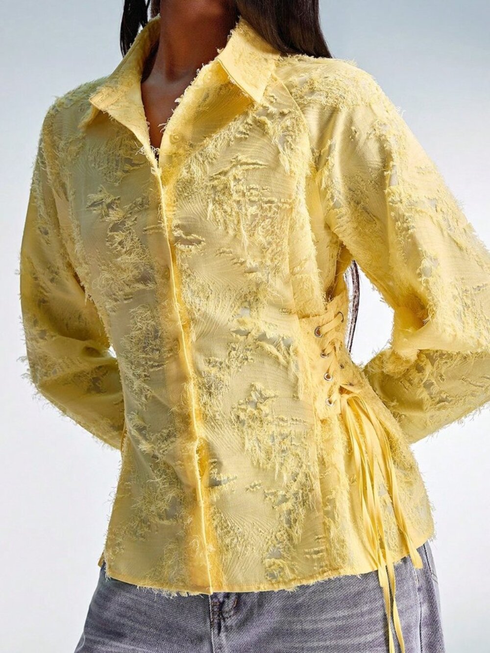 Yellow Casual Women's Polo Collar Tie-Waist Slim Long Sleeve Shirt - Picture 4 of 7